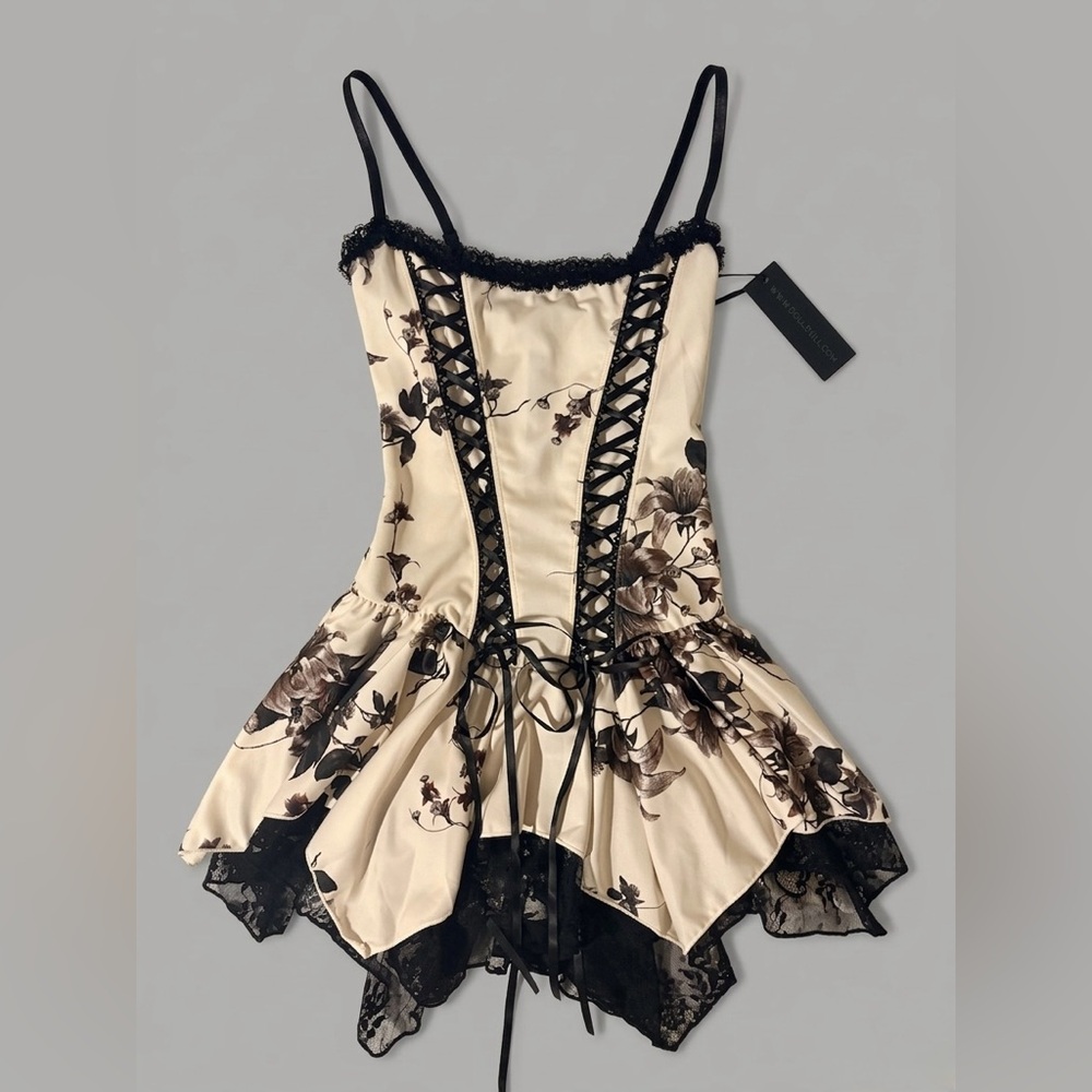 NWT Widow Basic Witchery Floral Satin Handkerchief Lace Up Corset Mini Dress